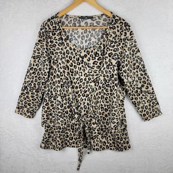 Bohemian Sz Large Knit Top 3/4 Sleeves Pullover Tie Front Combo Animal Casual - Picture 1 of 7